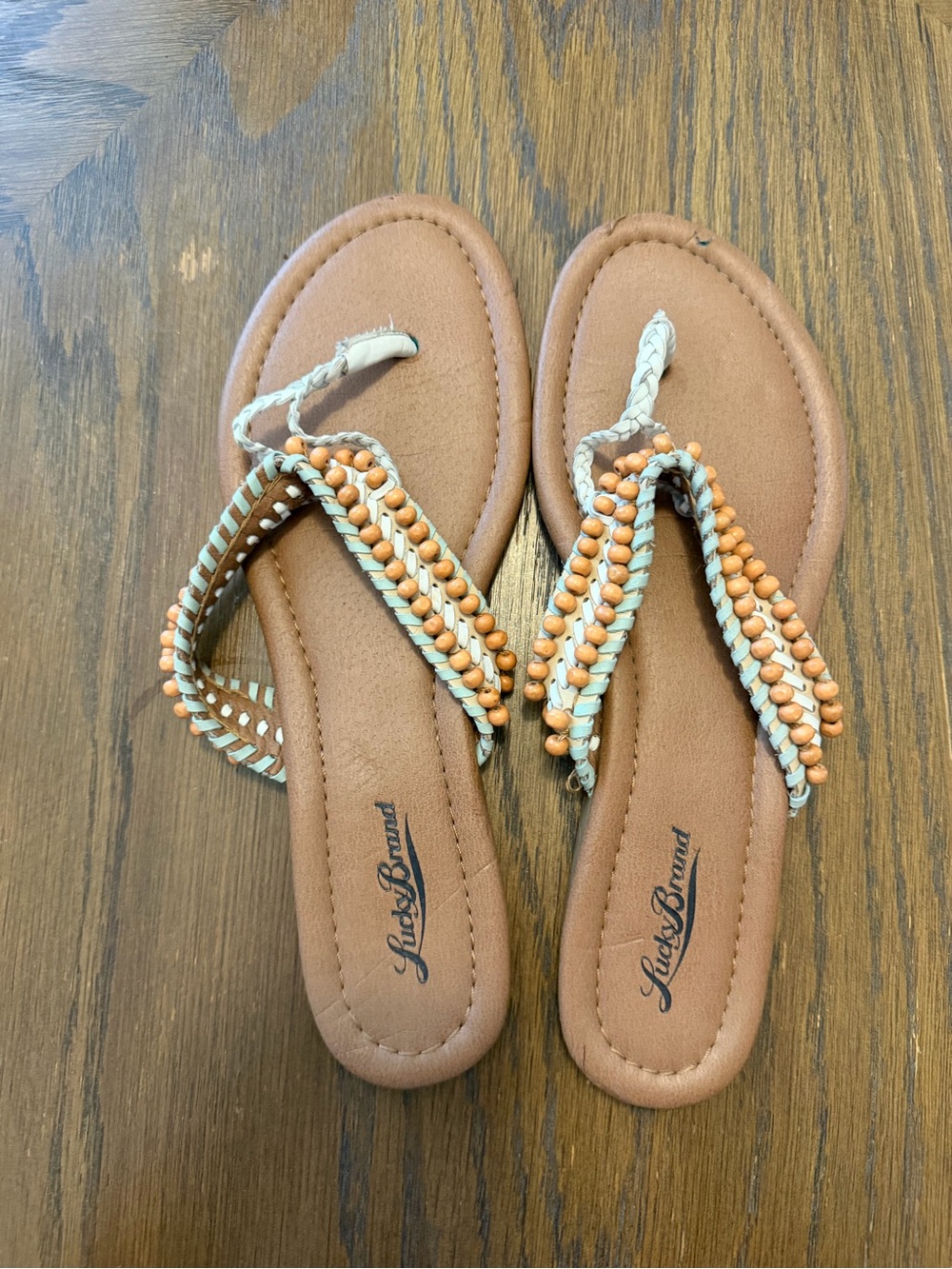Lucky Brand Tan Sandals with Light Blue Braided Straps and Orange Beads